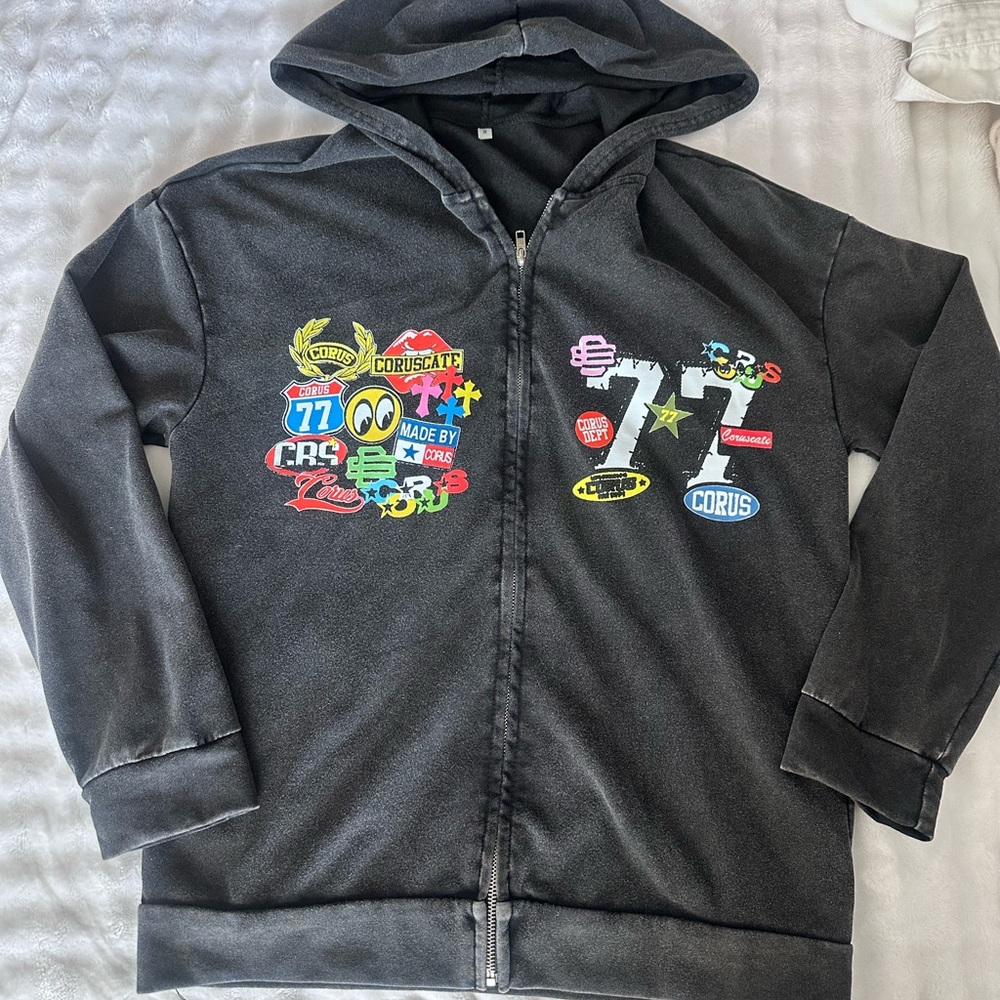SHEIN Black Graphic Zip-Up Hoodie